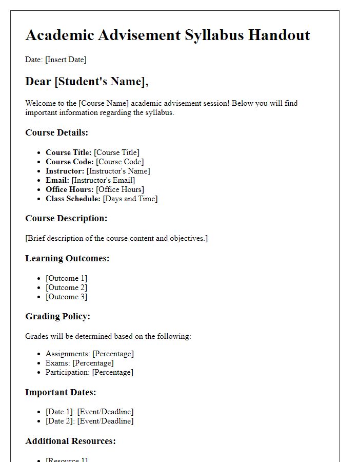 Letter template of syllabus handout for academic advisement