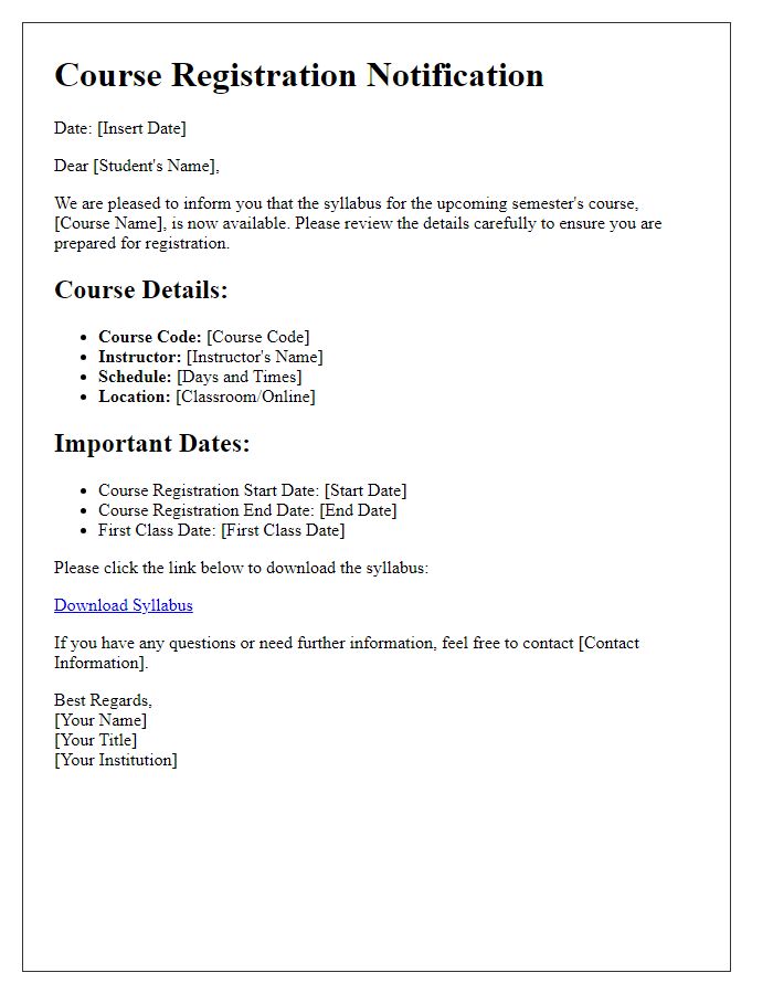 Letter template of syllabus notification for course registration
