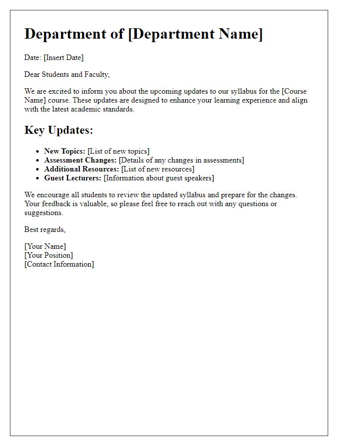 Letter template of syllabus updates for departmental newsletters