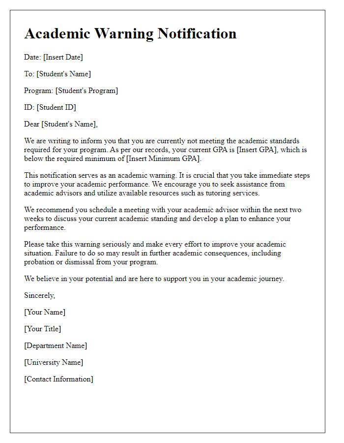 Letter template of Academic Warning Notification for Graduate Students