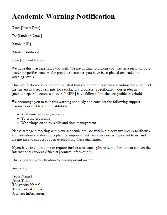 Letter template of Academic Warning Notification for International Students