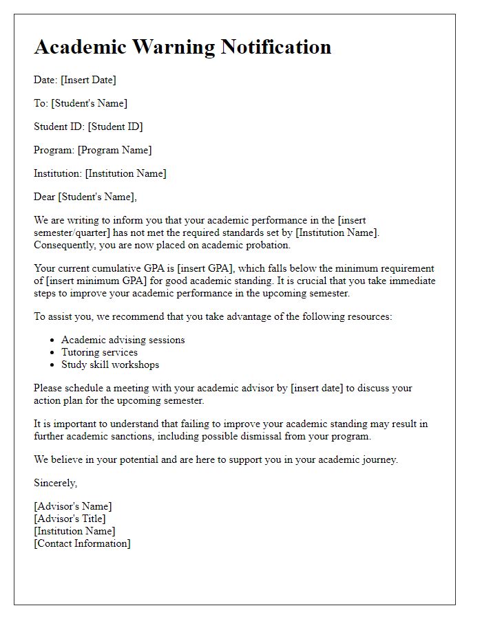 Letter template of Academic Warning Notification for Students on Academic Probation