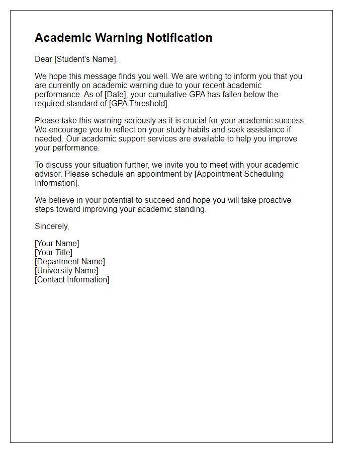 Letter template of Academic Warning Notification for Undergraduate Students