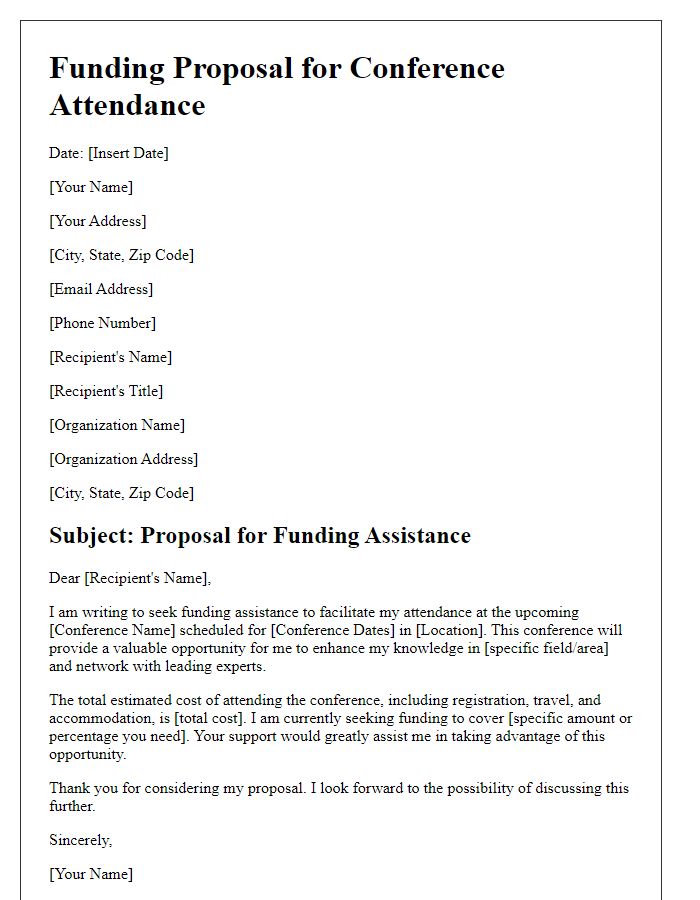 Letter template of proposal for funding assistance to facilitate conference attendance.