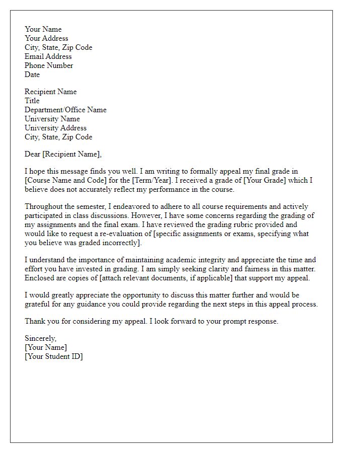 Letter template of student appeal concerning grade dispute resolution.