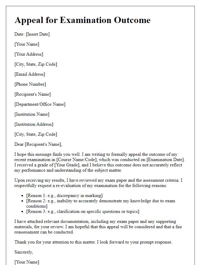 Letter template of student appeal following an unfair examination outcome.