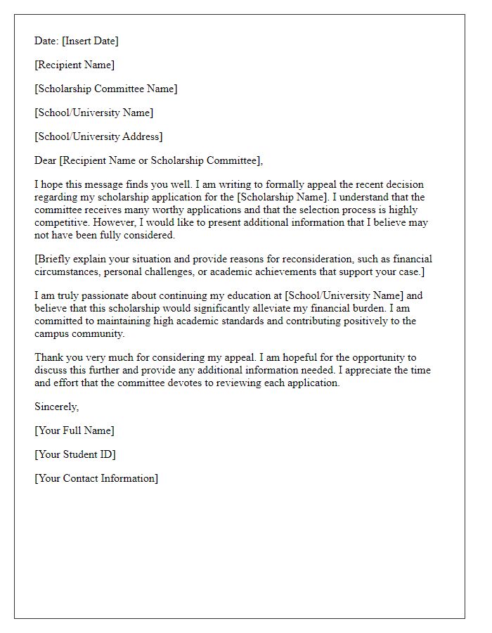 Letter template of student appeal for reconsideration of scholarship denial.