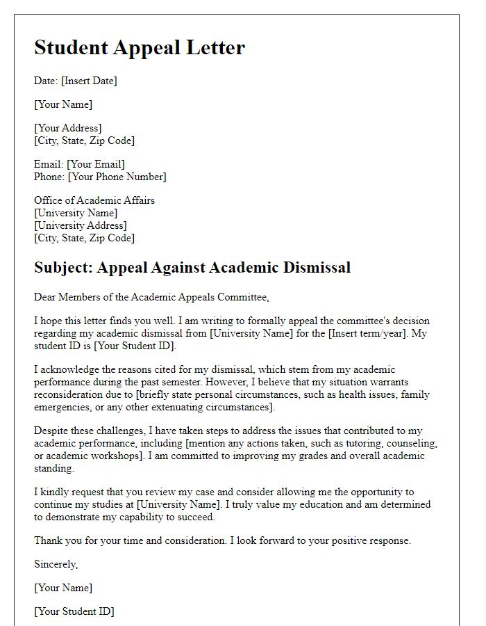 Letter template of student appeal regarding committee decision on academic dismissal.