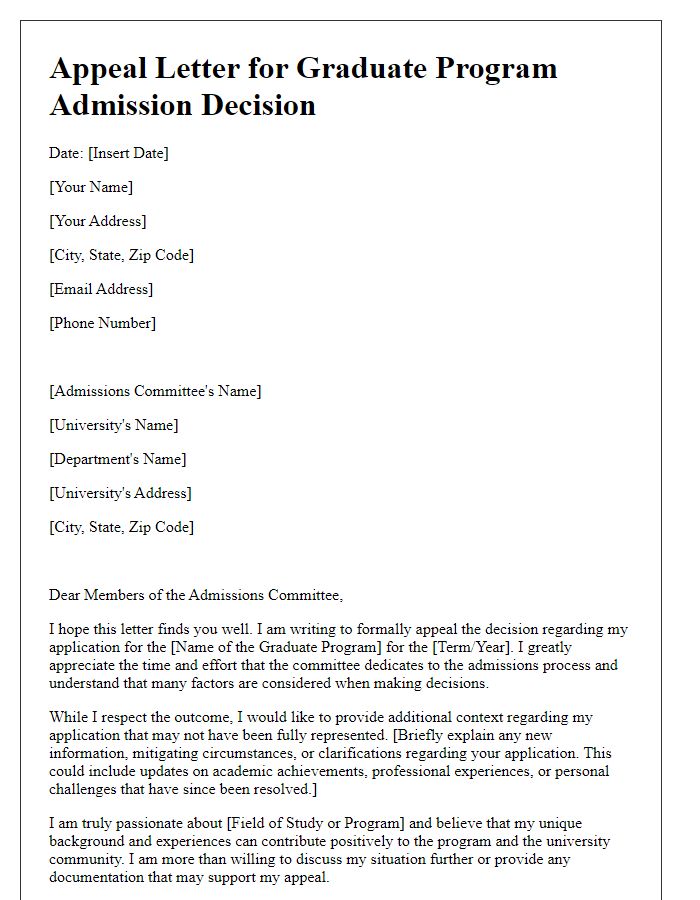 Letter template of student appeal regarding graduate program admission decision.