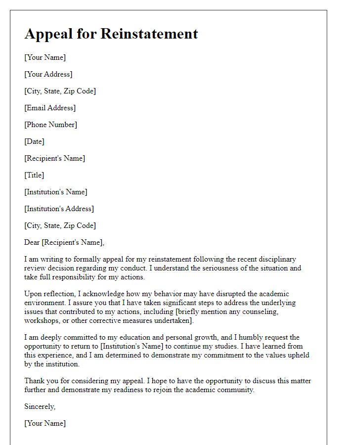 Letter template of student appeal for reinstatement after disciplinary review.