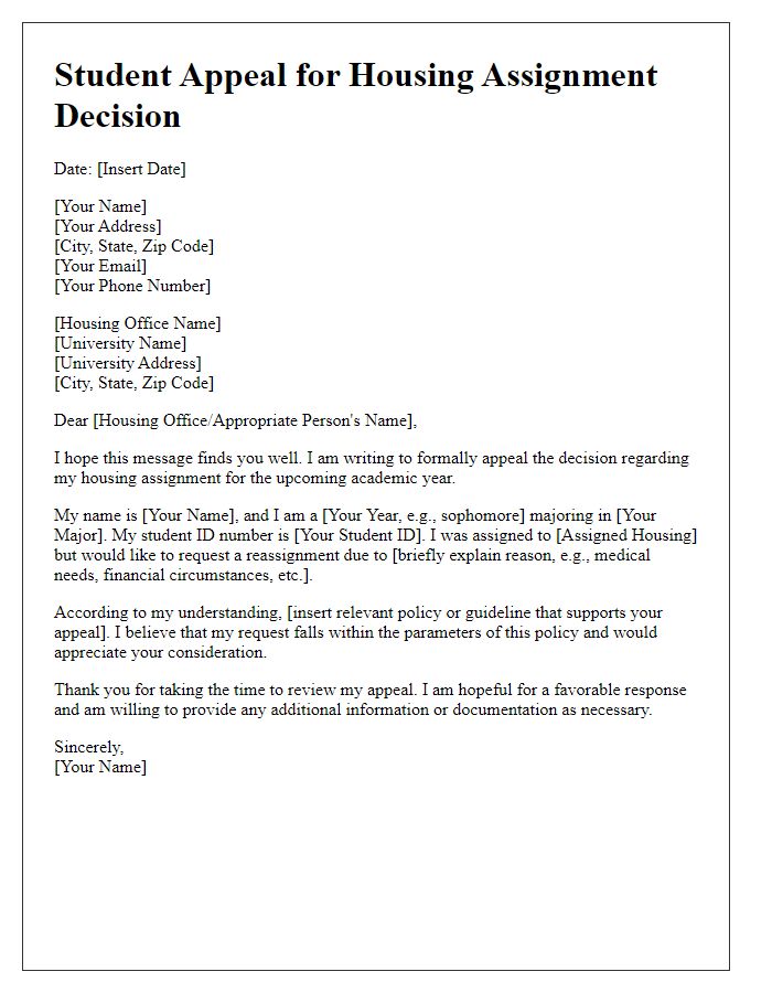 Letter template of student appeal related to housing assignment decision.