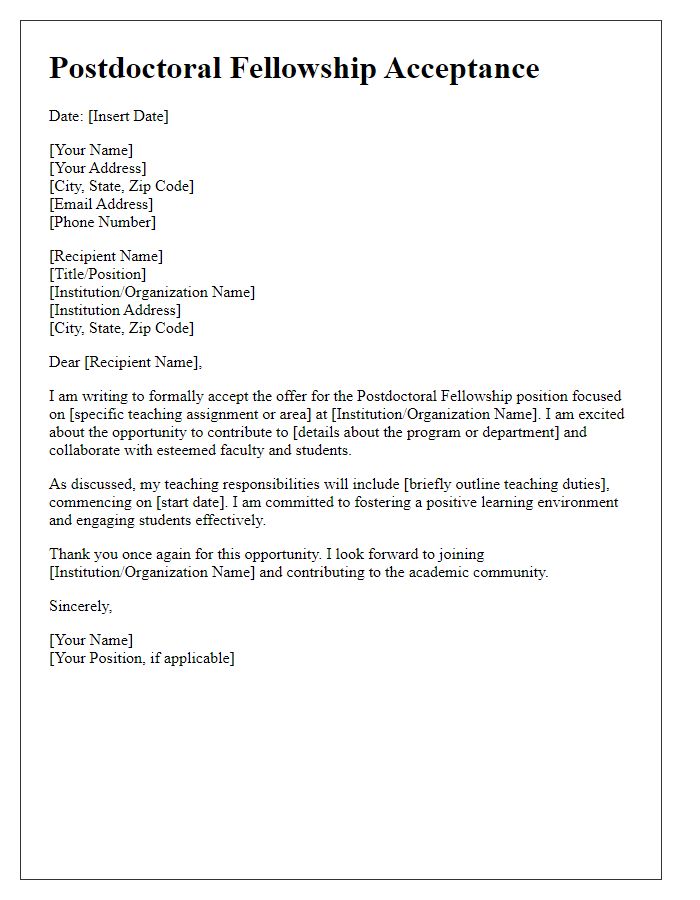 Letter template of postdoctoral fellowship acceptance for teaching assignment