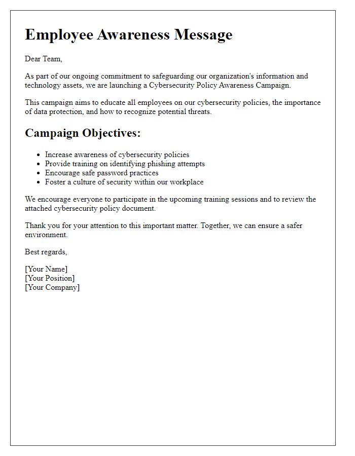 Letter template of cybersecurity policy awareness campaign