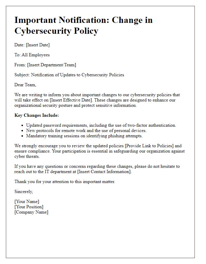 Letter template of cybersecurity policy change notification