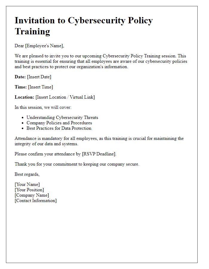 Letter template of cybersecurity policy training invitation