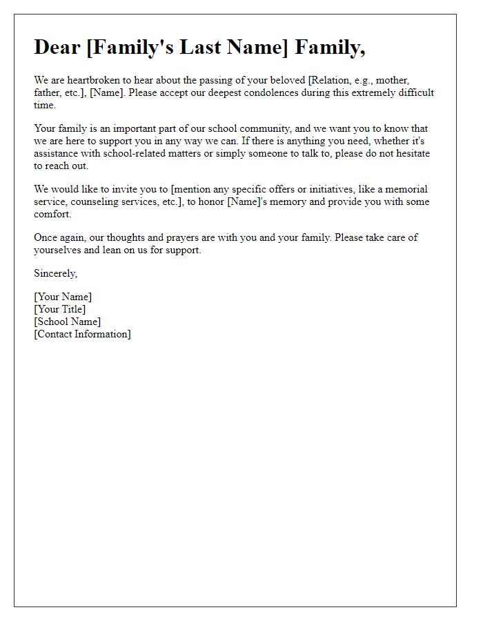 Letter template of compassionate outreach from the school to a bereaved family.