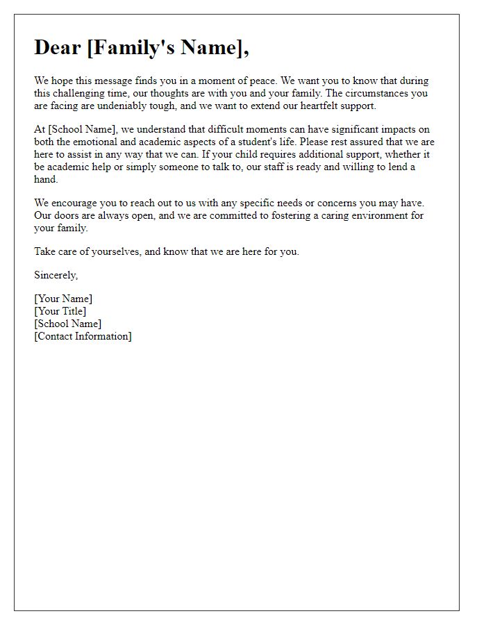 Letter template of empathy and support from the school to the family during difficult times.