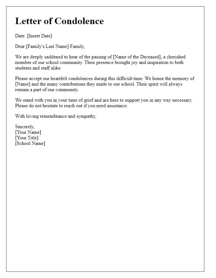 Letter template of loving remembrance and condolences addressed to a family by the school.