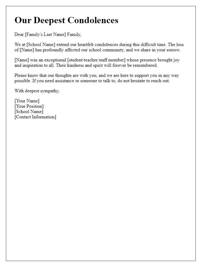 Letter template of remembrance and condolences for a family in mourning from the school.