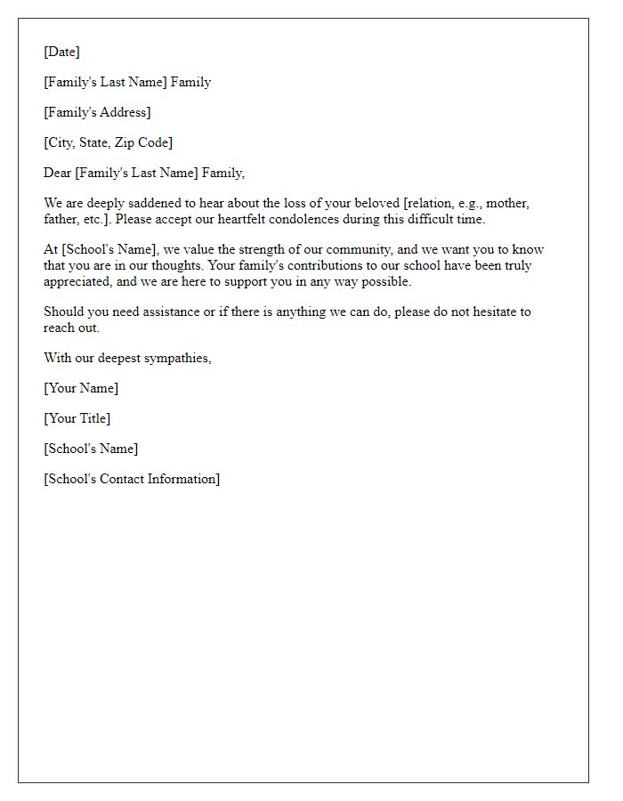 Letter template of sympathy from the school to a family experiencing loss.