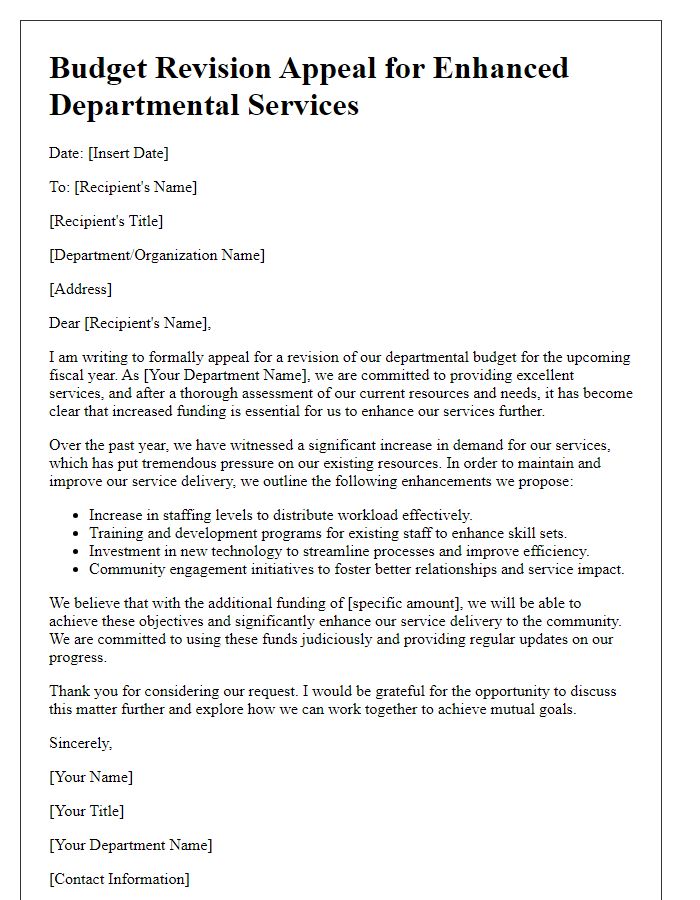 Letter template of budget revision appeal for enhanced departmental services.