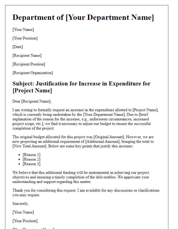 Letter template of expenditure increase justification for departmental projects.