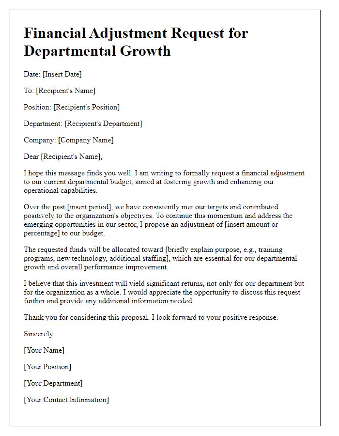 Letter template of financial adjustment request for departmental growth.