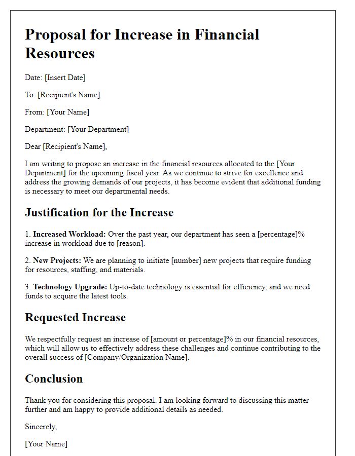 Letter template of financial resources increase proposal for departmental needs.