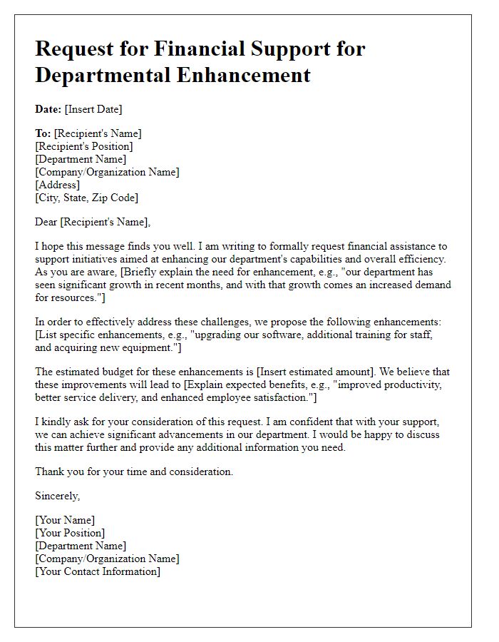 Letter template of financial support request for departmental enhancement.