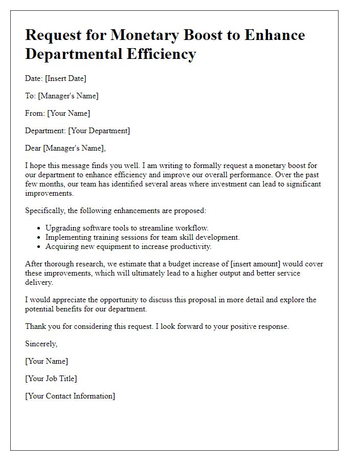 Letter template of monetary boost request for departmental efficiency.