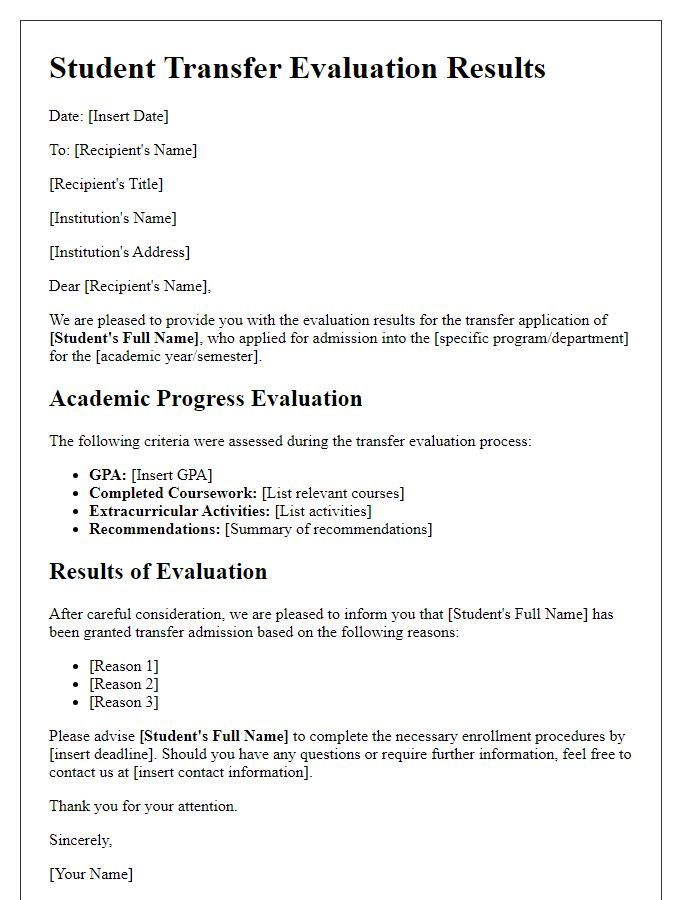 Letter template of Student Transfer Evaluation Results for Academic Progress