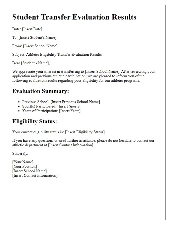 Letter template of Student Transfer Evaluation Results for Athletic Eligibility