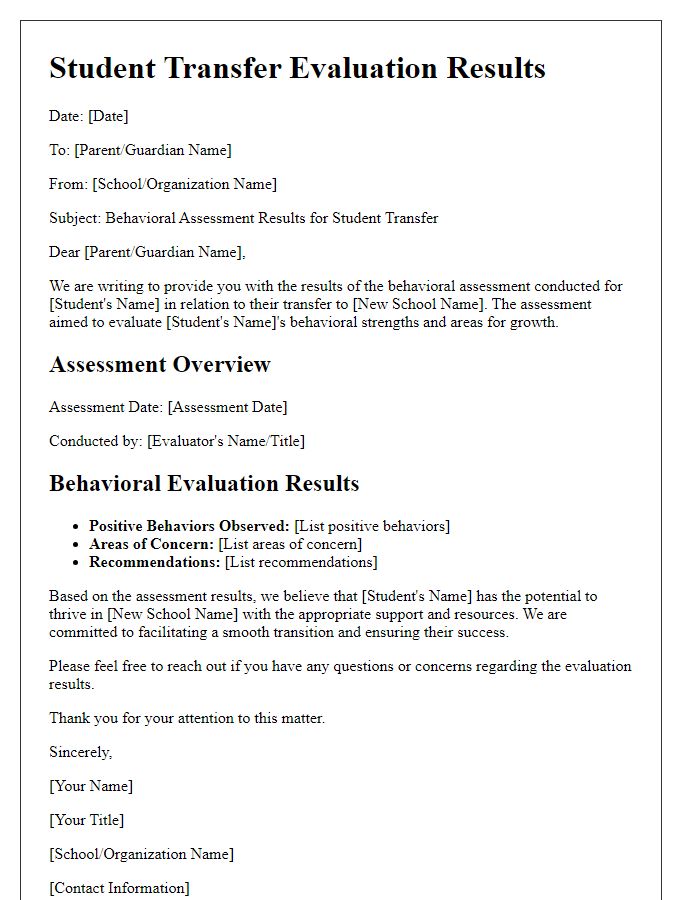 Letter template of Student Transfer Evaluation Results for Behavioral Assessment