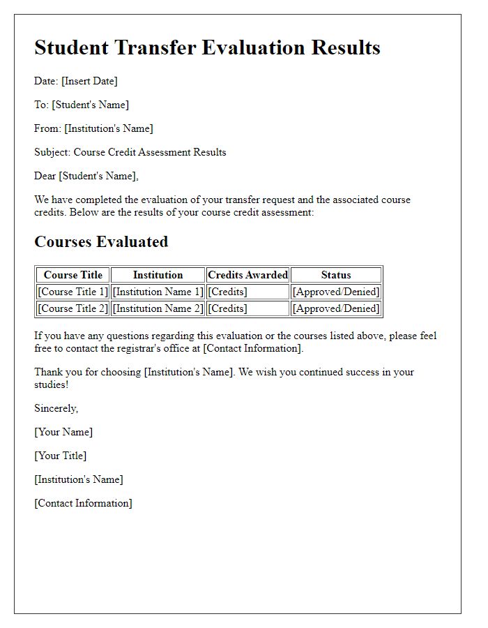 Letter template of Student Transfer Evaluation Results for Course Credit Assessment