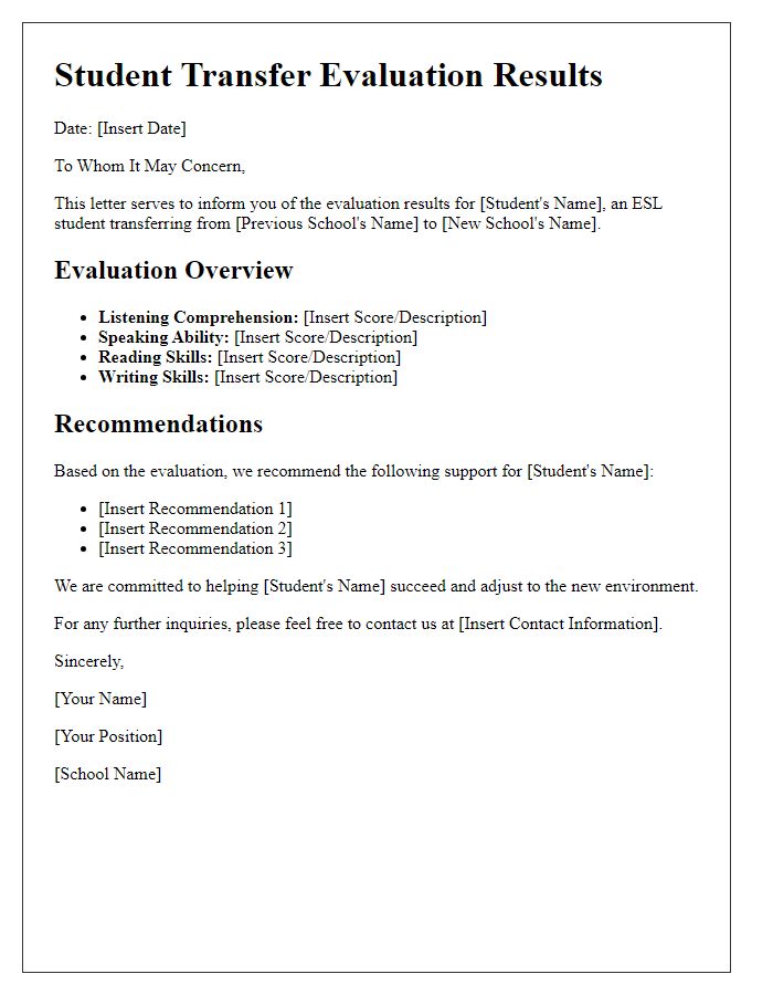 Letter template of Student Transfer Evaluation Results for ESL Student Assessment