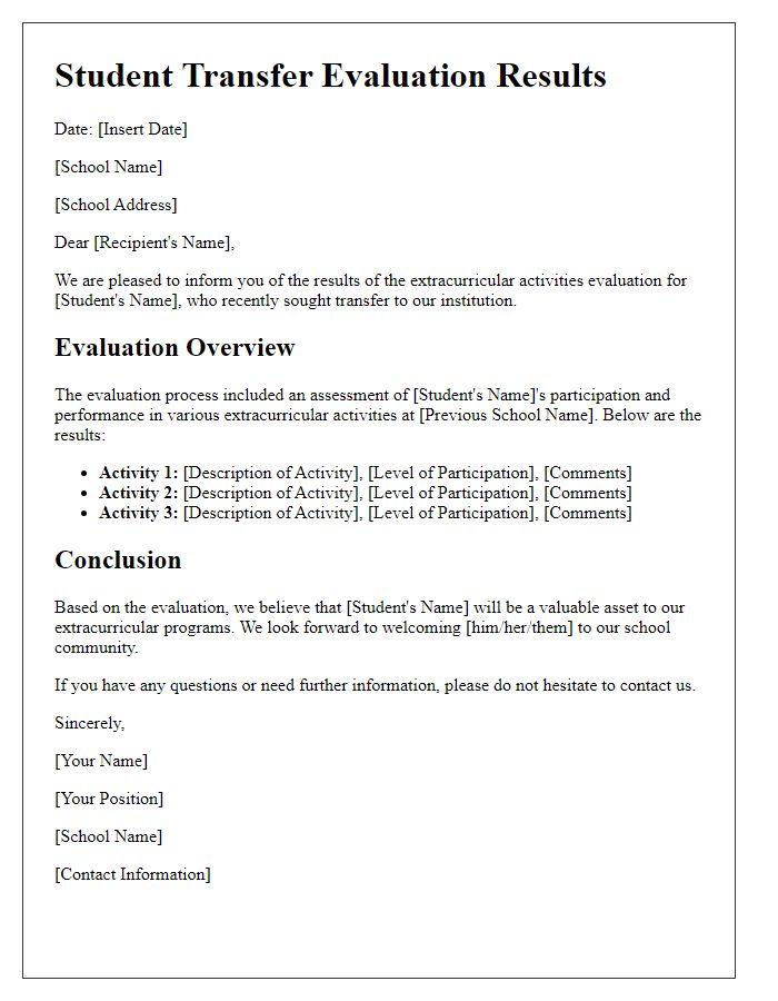 Letter template of Student Transfer Evaluation Results for Extracurricular Activities