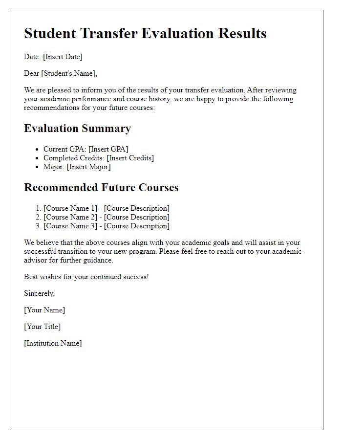 Letter template of Student Transfer Evaluation Results for Future Course Recommendations