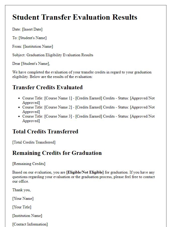 Letter template of Student Transfer Evaluation Results for Graduation Eligibility