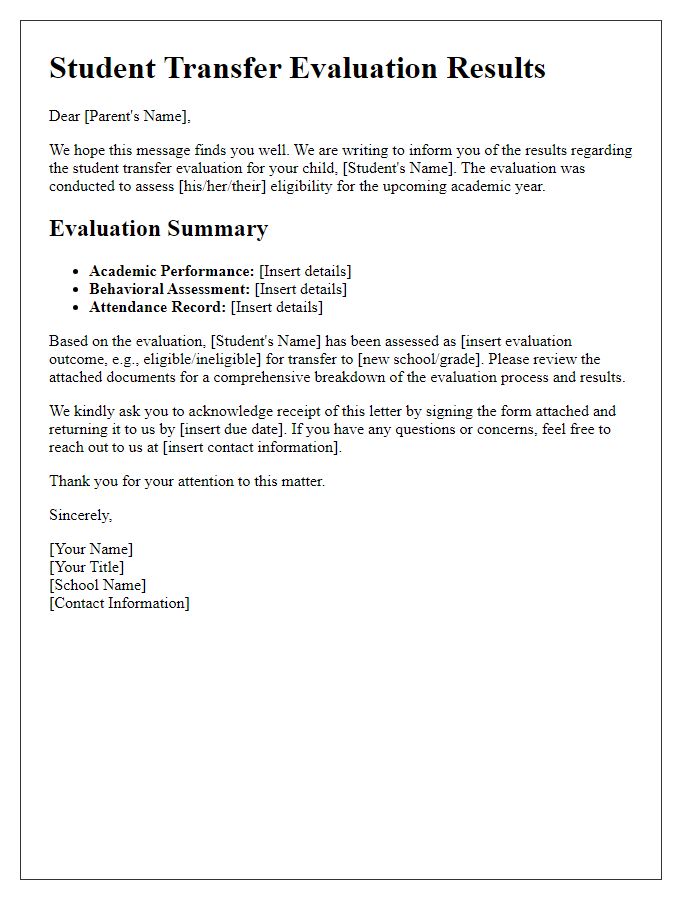 Letter template of Student Transfer Evaluation Results for Parent Acknowledgment