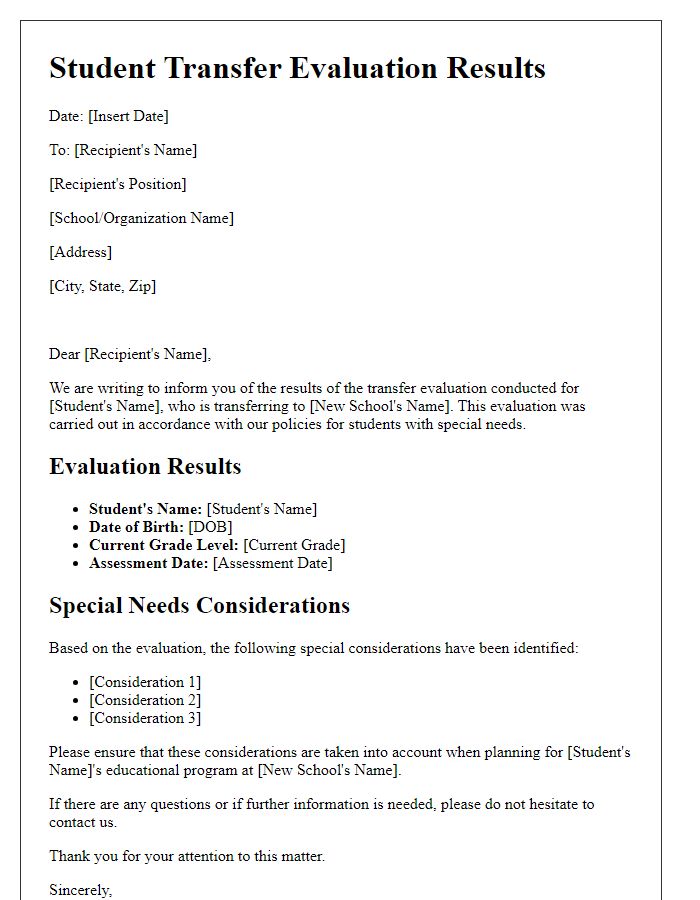 Letter template of Student Transfer Evaluation Results for Special Needs Consideration