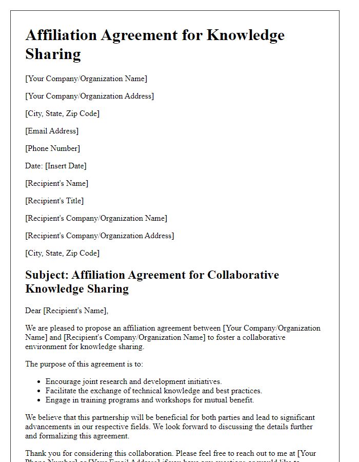 Letter template of affiliation agreement for knowledge sharing