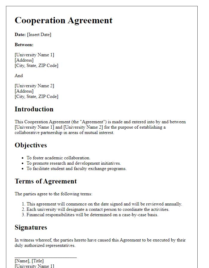 Letter template of cooperation agreement for university alliances