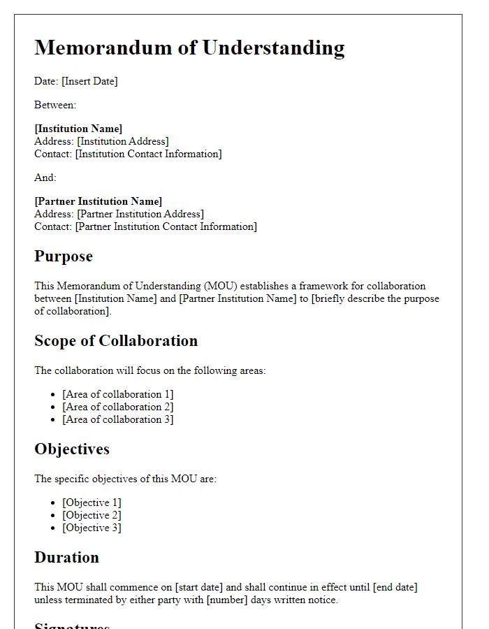 Letter template of memorandum of understanding for institutional collaboration