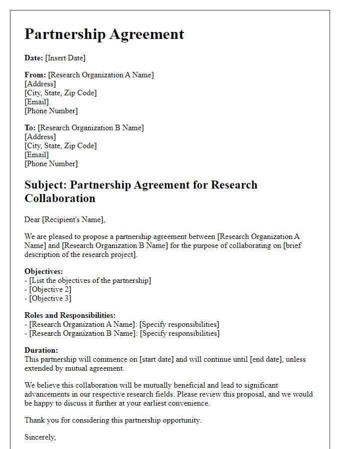 Letter template of partnership agreement for research organizations