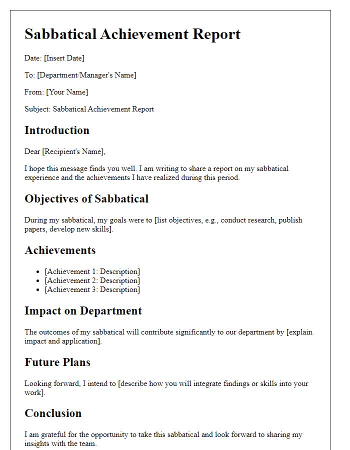 Letter template of sabbatical achievement report for departmental update