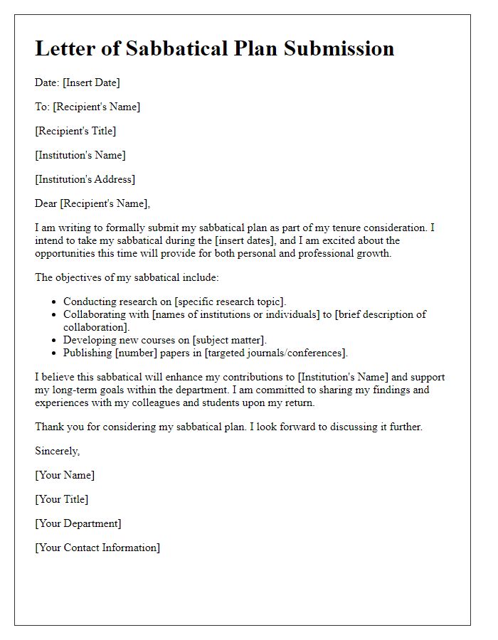 Letter template of sabbatical plan submission for tenure consideration