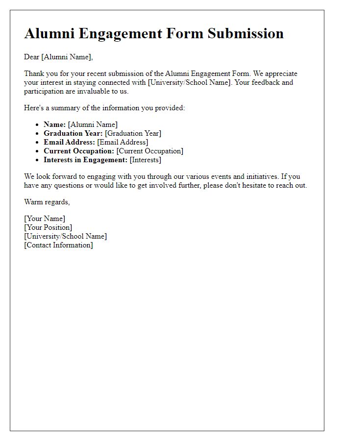 Letter template of alumni engagement form submission