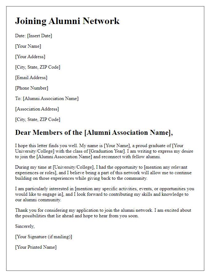 Letter template of joining the alumni network