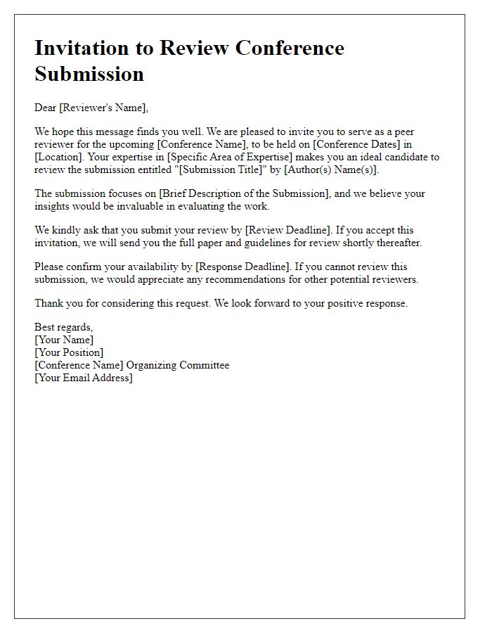 Letter template of academic peer review invitation for a conference submission.