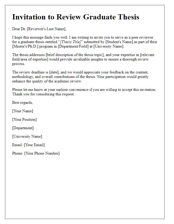 Letter template of academic peer review invitation for a graduate thesis review.